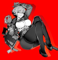 Rule 34 | 1girl, absurdres, cuffs, girls&#039; frontline, gun, handcuffs, highres, pantyhose, red background, solo, vsk-94 (girls&#039; frontline), weapon