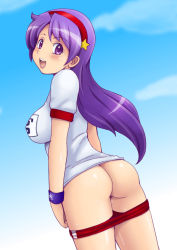 Rule 34 | 1girl, asamiya athena, ass, blush, breasts, huge ass, open mouth, purple eyes, purple hair, school swimsuit, sky, smile, snk, swimsuit, the king of fighters, tsumitani daisuke