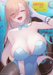 Rule 34 | 1girl, animal ears, asuna (blue archive), asuna (bunny) (blue archive), asymmetrical hair, blue archive, blue leotard, blush, breasts, cleavage, collarbone, detached collar, elbow gloves, gloves, half-closed eyes, harlow garden, highres, indoors, large breasts, leotard, light brown hair, long hair, looking at viewer, mole, mole on breast, open mouth, pantyhose, playboy bunny, rabbit ears, solo, very long hair