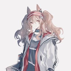 Rule 34 | 1girl, angelina (arknights), animal ears, arknights, bag, black shirt, breasts, brown hair, closed mouth, coat, commentary, earpiece, eyelashes, fox ears, grey background, infection monitor (arknights), light smile, long hair, long sleeves, looking to the side, open clothes, open coat, red eyes, shirt, shoulder bag, simple background, small breasts, smile, snowcake47, solo, twintails, upper body, white coat