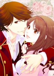 Rule 34 | 1boy, 1girl, ahim de famille, animification, arm on another&#039;s shoulder, bad id, bad pixiv id, breasts, brown eyes, brown hair, captain marvelous, couple, earrings, floral background, hairband, hand on another&#039;s chest, hetero, jacket, jewelry, kaizoku sentai gokaiger, nene (narcisse), open mouth, short hair, smile, super sentai