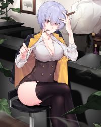 Rule 34 | 1girl, bartender, black thighhighs, blue hair, breasts, cigar, cleavage, collarbone, crossed legs, garter straps, girls&#039; frontline, highres, hip focus, ia (ias1010), jewelry, large breasts, looking at viewer, mouth hold, red eyes, ring, short hair, smile, smoke, thighhighs, thighs, thompson (girls&#039; frontline)