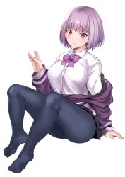 Rule 34 | 10s, 1girl, blush, bow, bowtie, breasts, cardigan, closed mouth, feet, full body, gridman universe, jacket, jirusu, large breasts, light purple hair, looking at viewer, no shoes, pantyhose, purple bow, purple bowtie, purple jacket, red eyes, shinjou akane, shirt, short hair, simple background, sitting, solo, ssss.gridman, white background, white shirt