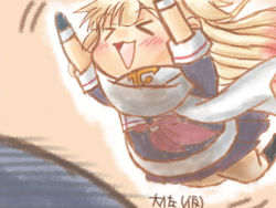 Rule 34 | &gt; &lt;, 10s, 1girl, :d, black gloves, blonde hair, chibi, closed eyes, commentary, gloves, gradient hair, hair flaps, jumping, kantai collection, long hair, multicolored hair, neckerchief, open mouth, pleated skirt, red neckerchief, scarf, school uniform, serafuku, signature, skirt, smile, taisa (kari), white scarf, xd, yuudachi (kancolle)