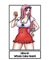 Rule 34 | 1girl, bow, breasts, brown eyes, cigarette, cleavage, cosplay, hina (one piece), iury padilha, large breasts, nami (one piece), nami (one piece) (cosplay), one piece, overall skirt, overalls, pink bow, pink hair, shirt, sunglasses, sunglasses on head, thighs, white shirt