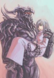 Rule 34 | 1girl, :d, aqua eyes, bad id, bad pixiv id, boots, carrying, dress, grey footwear, long hair, long sleeves, looking at another, open mouth, original, princess carry, robot, silver hair, smile, swept bangs, vaison, white dress