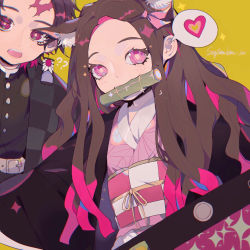 Rule 34 | 1boy, 1girl, ?, ??, bamboo, belt, bit gag, brother and sister, brown hair, chinese commentary, commentary request, dated, earrings, gag, haori, heart, highres, japanese clothes, jewelry, kamado nezuko, kamado tanjirou, kemonomimi mode, kimetsu no yaiba, long hair, looking at viewer, obi, open mouth, pink eyes, pink hair, pink pupils, purple eyes, sash, scar, scar on face, scar on forehead, short hair, siblings, simple background, spoken heart, taowu (20809), upper body, yellow background