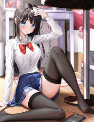 Rule 34 | 1girl, absurdres, arm up, bandaid, bandaid on head, bed, black hair, black thighhighs, blue eyes, blue skirt, blush, bow, bowtie, breasts, cellphone, collared shirt, covering head, crossed bandaids, dress shirt, eichi (skskdi12z), feet, hair ornament, hairclip, headphones, highres, knee up, large breasts, long hair, long sleeves, looking at viewer, miniskirt, monitor, on floor, open mouth, original, phone, pleated skirt, red bow, red bowtie, school uniform, shirt, skirt, smartphone, solo, speaker, straight hair, stuffed animal, stuffed rabbit, stuffed toy, table, tears, thighhighs, toes, very long hair, white shirt, wooden floor