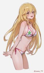 1girl :d absurdres artist_name bikini blonde_hair blush breasts cleavage commentary hair_between_eyes highres large_breasts long_hair looking_at_viewer navel open_mouth print_bikini shokuhou_misaki shokuhou_misaki_(desired_swimsuit) side-tie_bikini_bottom simple_background smile solo sooon sparkling_eyes star_(symbol) star_print stomach swimsuit teeth toaru_kagaku_no_railgun toaru_majutsu_no_index toaru_majutsu_no_index:_imaginary_fest upper_teeth_only white_background white_bikini yellow_eyes