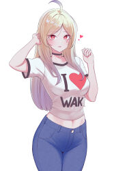 Rule 34 | 1girl, absurdres, ahoge, black choker, blonde hair, blue pants, blush, breasts, bright pupils, choker, commentary request, cowboy shot, cross, cross choker, denim, hand in own hair, heart, highres, i heart..., jeans, jingburger, korean commentary, large breasts, long hair, looking at viewer, midriff, navel, pants, parted lips, red eyes, shirt, short sleeves, simple background, solo, sundance0218, t-shirt, virtual youtuber, waktaverse, white background, white pupils, white shirt
