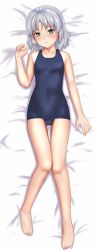 Rule 34 | 1girl, absurdres, bad id, bad pixiv id, barefoot, dakimakura (medium), feet, full body, goji (five clock), green eyes, highres, lying, one-piece swimsuit, sanya v. litvyak, school swimsuit, short hair, silver hair, solo, strike witches, swimsuit, toes, world witches series