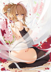 Rule 34 | 1girl, ass, azur lane, back, bare shoulders, black panties, black thighhighs, blonde hair, blue eyes, breasts, catsmoon, closed mouth, commentary request, detached sleeves, flower, from behind, glorious (azur lane), glorious (pungent plum) (azur lane), hair ornament, highleg, highleg panties, highres, kanzashi, large breasts, looking at viewer, narrowed eyes, nipples, no shoes, panties, petals, rose, rose petals, sidelocks, soles, solo, thighhighs, thighs, thong, topless, underwear