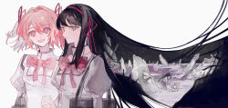 Rule 34 | 2girls, absurdly long hair, akemi homura, arm support, arms at sides, bag, black hair, braid, closed mouth, double exposure, dual persona, expressionless, eyelashes, faceless, faceless female, flat chest, glasses, grey background, grey eyes, hair ribbon, happy, high collar, highres, jitome, juliet sleeves, kaname madoka, kuusou-shou, leaning forward, long hair, long sleeves, looking at viewer, lying, mahou shoujo madoka magica, mahou shoujo madoka magica (anime), mitakihara school uniform, multiple girls, muted color, neck ribbon, on back, on ground, open mouth, partially submerged, pink eyes, pink hair, puffy sleeves, red ribbon, ribbon, rock, rubble, ruins, school bag, school uniform, semi-rimless eyewear, shallow water, side-by-side, simple background, sitting, smile, straight hair, tareme, torn clothes, torn legwear, twin braids, uniform, upper body, very long hair, water, wide shot