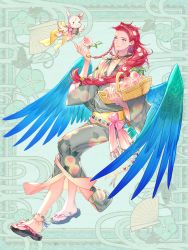Rule 34 | 1boy, androgynous, basket, blue background, blue eyes, blue wings, bow, braid, commission, feathered wings, flower, food, fruit, full body, hair flower, hair ornament, infospikee, japanese clothes, jewelry, kerberos blade, long hair, male focus, necklace, peach, pink bow, red hair, sandals, smile, standing, very long hair, wide sleeves, wings, x hair ornament