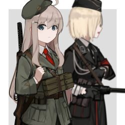 2girls ahoge ammunition_pouch armband beret beretta_model_38 beretta_model_38_(girls&#039;_frontline) black_gloves black_jacket black_necktie blonde_hair blue_eyes brown_hair closed_mouth flower_hairpin garrison_cap girls&#039;_frontline gloves green_jacket grey_background gun gun_sling hair_ornament hairpin hat highres holding holding_gun holding_weapon jacket long_hair looking_at_viewer military_jacket military_uniform mp40 mp40_(girls&#039;_frontline) multiple_girls necktie open_mouth pouch rampart1028 red_armband red_necktie short_hair submachine_gun two-tone_background upper_body weapon white_background