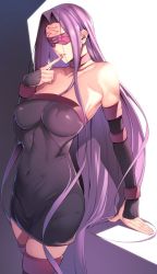 Rule 34 | 1girl, bare shoulders, black dress, blindfold, breasts, collarbone, covered navel, detached collar, detached sleeves, dress, facial mark, fate/stay night, fate (series), finger to mouth, forehead, forehead mark, hair intakes, large breasts, long hair, medusa (fate), medusa (rider) (fate), nanao (mahaya), parted bangs, parted lips, purple hair, purple thighhighs, short dress, simple background, solo, strapless, strapless dress, thighhighs, thighs, very long hair, white background