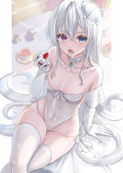 Rule 34 | 1girl, :o, absurdres, bare shoulders, blue eyes, breasts, brooch, choker, cleavage, collarbone, commentary request, covered navel, crossed legs, crown, cup, elbow gloves, food, gloves, hayashi takeo, heterochromia, highleg, highleg leotard, highres, holding, jewelry, leotard, long hair, looking at viewer, medium breasts, open mouth, original, purple eyes, sitting, solo, thighs, very long hair, white choker, white gloves, white hair, white leotard