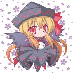 Rule 34 | 1girl, blonde hair, bow, capelet, chibi, dress, female focus, hat, kedama (touhou), komakoma (magicaltale), lily black, lily white, long hair, red eyes, solo, touhou, very long hair, wings