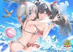 Rule 34 | 2girls, ahoge, alternate costume, azur lane, beach, bikini, black hair, blue eyes, blush, breasts, cleavage, commentary request, hair ornament, kanzarin, large breasts, long hair, multicolored hair, multiple girls, official art, open mouth, pointy ears, short hair, sideboob, silver hair, swimsuit, twintails, two-tone hair, yellow eyes, z24 (azur lane), z28 (azur lane)