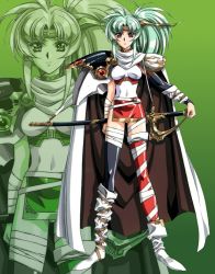 Rule 34 | 1990s (style), 1girl, ahoge, angelina (langrisser), armor, asymmetrical clothes, asymmetrical footwear, bandages, black thighhighs, boots, breasts, brown eyes, cape, frown, full body, gloves, green background, green hair, knee boots, langrisser, langrisser iv, long hair, mismatched footwear, official art, pauldrons, ponytail, red thighhighs, retro artstyle, scabbard, scan, serious, sheath, shoulder armor, sidelocks, solo, thighhighs, thighhighs under boots, tiara, urushihara satoshi, zoom layer