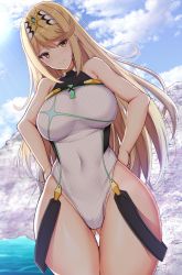 Rule 34 | 1girl, ass, bare arms, bare shoulders, blue sky, blush, breasts, cameltoe, closed mouth, cloud, commentary request, competition swimsuit, covered navel, cowboy shot, curvy, day, gluteal fold, headpiece, highres, impossible clothes, large breasts, looking at viewer, mythra (xenoblade), navel, nintendo, noeomi, one-piece swimsuit, outdoors, partially submerged, see-through, shadow, sky, smile, standing, swept bangs, swimsuit, thick thighs, thighs, tiara, water, wide hips, xenoblade chronicles (series), xenoblade chronicles 2, yellow eyes