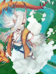 Rule 34 | 1boy, barefoot, black sclera, cloud, colored sclera, crossed arms, dragon, eastern dragon, from above, horns, ichimokuren (onmyoji), jewelry, male focus, nail polish, necklace, onmyoji, pale skin, pointy ears, red eyes, red nails, river, rorira, single horn, solo, standing, white hair