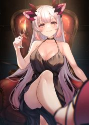 Rule 34 | 1girl, nanashi inc., alcohol, alternate costume, black dress, blush, breasts, chair, collarbone, cup, demon girl, dot nose, dress, foreshortening, gradient hair, highres, holding, holding cup, honey strap, horns, indoors, large breasts, leg up, light particles, long hair, multicolored hair, sitting, smile, solo, suou patra, toramaru (toramal9831), very long hair, virtual youtuber, white hair