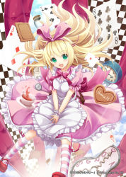 Rule 34 | 1girl, ace (playing card), ace of hearts, akkijin, blonde hair, blue eyes, board game, card, chess, chessboard, clock, cloud, club (shape), cookie, cup, dress, eight of clubs, falling, five of spades, food, gem (symbol), hair ribbon, heart, open mouth, pink dress, pink ribbon, pink sky, playing card, ribbon, shinkai no valkyrie, sky, solo, spade (shape), teacup, three of diamonds