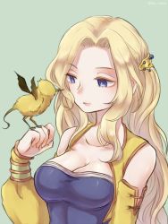 Rule 34 | 1girl, abi mmo, amano yoshitaka design, bird, blonde hair, blue eyes, breasts, celes chere, cleavage, closed mouth, cropped jacket, dress, final fantasy, final fantasy vi, hair ornament, long hair, simple background, smile, solo, square enix