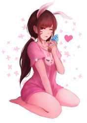 Rule 34 | 1girl, animal ears, barefoot, between legs, brown hair, closed mouth, collarbone, d.va (overwatch), facial hair, food, hand between legs, hand up, heart, highres, holding, holding food, ice cream, ice cream cone, kemonomimi mode, long hair, low ponytail, overwatch, overwatch 1, pink shirt, ponytail, rabbit ears, red eyes, seiza, shimmer, shirt, short sleeves, sitting, soft serve, solo, sprinkles, tongue, tongue out, very long hair, white background