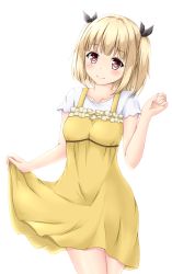Rule 34 | 1girl, bare arms, black ribbon, blonde hair, blouse, blunt bangs, blush, bob cut, bow, brown eyes, collarbone, commentary request, cowboy shot, dress, frilled dress, frills, hair ribbon, head tilt, iijima yun, looking at viewer, new game!, ribbon, shirt, short sleeves, simple background, skirt hold, sleeveless, sleeveless dress, smile, solo, standing, tia yu, two side up, white background, white shirt, yellow bow, yellow dress