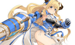 Rule 34 | 1girl, absurdres, armor, armored dress, armpits, belt, black gloves, blonde hair, blue eyes, blush, breasts, draph, dress, elbow gloves, frilled dress, frilled thighhighs, frills, gauntlets, gloves, granblue fantasy, hair between eyes, hair intakes, highres, horns, jun project, lance, large breasts, long hair, looking at viewer, open mouth, panties, pantyshot, pointy ears, polearm, razia, side-tie panties, simple background, skirt, sleeveless, sleeveless dress, solo, standing, thighhighs, underwear, very long hair, weapon, white background, white panties