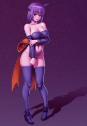 Rule 34 | 1girl, absurdres, arm under breasts, ayane (doa), bare shoulders, bow, breasts, cleavage, collarbone, dead or alive, detached sleeves, dress, female focus, full body, gradient background, headband, highres, large bow, large breasts, looking at viewer, navel, nikichen, no pants, obi, panties, pigeon-toed, purple background, purple dress, purple hair, purple panties, purple thighhighs, red eyes, sash, shadow, short hair, solo, standing, tecmo, thighhighs, underwear