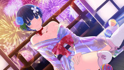 Rule 34 | 1girl, bare shoulders, blue eyes, blue hair, breasts, cleavage, crossed legs, fireworks, flower, hair flower, hair ornament, hand on thigh, highres, japanese clothes, jewelry, kimono, large breasts, legs, legs together, looking at viewer, necklace, on floor, revealing clothes, ribbon, senran kagura, short hair, sitting, smile, solo, thick thighs, thighhighs, thighs, yozakura (senran kagura), yukata