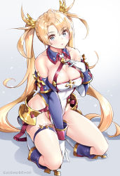 Rule 34 | 1girl, armor, bare shoulders, blonde hair, blue eyes, blush, boots, bradamante (fate), bradamante (first ascension) (fate), braid, breasts, cleavage, elbow gloves, fate/grand order, fate (series), faulds, french braid, gloves, gradient background, hair ornament, halterneck, highleg, highleg leotard, highres, knee boots, kneeling, leotard, long hair, looking at viewer, medium breasts, solo, suishougensou, thigh strap, thighs, twintails, very long hair, white background