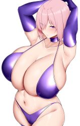 Rule 34 | 1girl, arind yudha, armpits, arms up, bare shoulders, bikini, blush, breasts, cleavage, collarbone, elbow gloves, eyes visible through hair, fate/grand order, fate (series), gloves, highres, large breasts, looking at viewer, mash kyrielight, navel, parted lips, pink hair, purple bikini, purple eyes, purple gloves, short hair, solo, stomach, swimsuit, white background