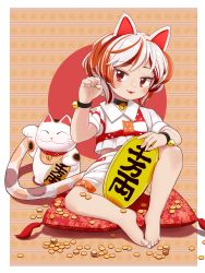 Rule 34 | 1girl, :3, absurdres, animal ears, barefoot, bell, black collar, blush, border, bracelet, breasts, cat ears, cat tail, coin, collar, commentary request, crop top, gold, goutokuji mike, hand up, highres, holding, housulu, jewelry, jingle bell, knee up, looking at viewer, maneki-neko, multicolored hair, outside border, parted lips, paw pose, pillow, red eyes, shirt, short hair, short sleeves, shorts, sitting, small breasts, smile, solo, statue, streaked hair, tail, touhou, white border, white hair, white shirt, white shorts