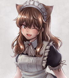 Rule 34 | 1girl, ;d, animal ears, blush, brown eyes, brown hair, commentary, fernandia malvezzi, grey background, highres, liar lawyer, long hair, looking at viewer, maid, maid headdress, one eye closed, open mouth, short sleeves, smile, solo, strike witches, strike witches: kurenai no majo-tachi, world witches series