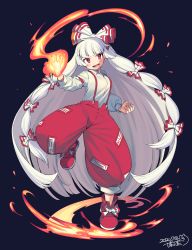 Rule 34 | 1girl, baggy pants, black background, blunt bangs, bow, commentary request, commission, dated, fire, fujiwara no mokou, full body, hair bow, hand up, highres, hime cut, iroyopon, long hair, long sleeves, looking at viewer, ofuda, ofuda on clothes, open mouth, pants, red bow, red eyes, red footwear, red pants, shirt, shoes, signature, simple background, smile, solo, standing, standing on one leg, suspenders, touhou, very long hair, white hair, white shirt