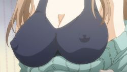 Rule 34 | 1girl, animated, animated gif, bare shoulders, bouncing breasts, bra, breasts, brown hair, cleavage, covered erect nipples, female focus, head out of frame, large breasts, nipples, solo, sweater, tamashii insert, underwear, undressing