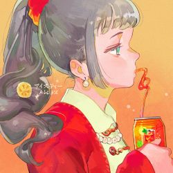 Rule 34 | 1girl, can, coat, crazy straw, drinking straw, earrings, green eyes, grey hair, jewelry, kuribulb, long hair, necklace, orange background, original, ponytail, red coat, skirt, solo, yellow skirt
