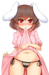 Rule 34 | 1girl, animal ears, belly, black panties, blush, breasts, brown hair, clothes lift, daichi (tokoya), dress, dress lift, floppy ears, heart, heart-shaped pupils, highres, hip focus, inaba tewi, jewelry, lace, lace-trimmed panties, lace trim, lingerie, looking at viewer, mouth hold, navel, necklace, panties, pink dress, rabbit ears, red eyes, small breasts, solo, symbol-shaped pupils, thighs, tokoya, touhou, underwear