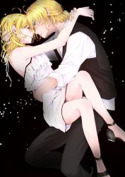 Rule 34 | 1boy, 1girl, adolescence (vocaloid), arm around waist, arms around neck, bare arms, bare shoulders, black pants, blonde hair, blue eyes, brother and sister, camisole, commentary, dress, closed eyes, face-to-face, flat chest, forehead-to-forehead, frilled camisole, frilled dress, frills, half-closed eyes, hand on another&#039;s head, heads together, highres, imminent kiss, incest, kagamine len, kagamine rin, koryuuthfb, nail polish, pants, parted lips, short hair, short ponytail, shoulder blades, siblings, sleeveless blazer, sleeves rolled up, twincest, twins, unbuttoned, unbuttoned shirt, vocaloid, white camisole, white dress, yellow nails