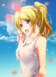 Rule 34 | 10s, 1girl, ayase eli, blonde hair, blue eyes, blush, breasts, covered erect nipples, long hair, love live!, love live! school idol project, medium breasts, open mouth, ponytail, slowpit, smile, solo, towel