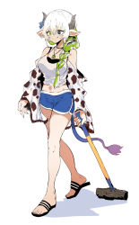 Rule 34 | 1girl, animal ears, animal print, bad id, bad pixiv id, bare shoulders, black eyes, blue hair, breasts, bright pupils, cleavage, closed mouth, cow ears, cow print, ddari, fingernails, flower, green eyes, green hair, grey horns, hair between eyes, hair flower, hair ornament, hammer, heterochromia, highres, holding, holding hammer, horns, jewelry, long hair, multicolored hair, navel, necklace, original, pointy ears, sandals, simple background, sledgehammer, smile, solo, walking, white background, white hair, white pupils