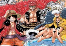 Rule 34 | 3boys, abs, attack, chest tattoo, clenched hands, devil fruit, disguise, eustass kid, fur trim, hat, highres, holding, holding sword, holding weapon, jacket, jacket on shoulders, looking at viewer, mechanical arms, monkey d. luffy, multiple boys, muscular, oda eiichirou (style), official style, one piece, pectorals, riku (rikuw223xx), scar, scar on chest, serious, sheath, sheathed, single mechanical arm, smile, straw hat, sword, tattoo, teamwork, teeth, trafalgar law, weapon