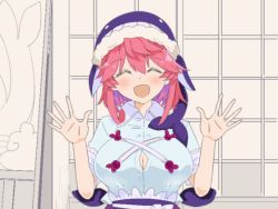 Rule 34 | 1girl, :d, ^ ^, animated, animated gif, blue shirt, blush, bouncing breasts, breasts, cleavage, closed eyes, happy, large breasts, okunoda miyoi, open mouth, pink hair, puuakachan, shirt, short hair, sidelocks, smile, solo, touhou, upper body, waving, whale hat, wing collar