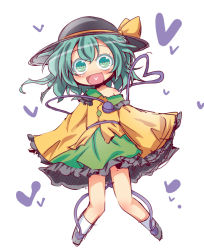 Rule 34 | 1girl, blush, bow, frills, full body, green eyes, green hair, hat, hat bow, heart, heart in mouth, heart of string, komeiji koishi, long sleeves, matching hair/eyes, muuba, open mouth, pigeon-toed, short hair, solo, touhou, white background, wide sleeves