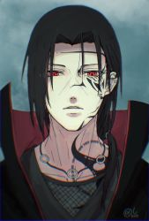 Rule 34 | 1boy, black hair, collarbone, facial tattoo, hair over shoulder, highres, long hair, looking at viewer, male focus, naruto, naruto (series), naruto shippuuden, parted lips, ponytail, portrait, red eyes, sharingan, solo, tattoo, twitter username, uchiha itachi, x rrf2