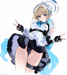 Rule 34 | 1girl, :o, apron, black dress, black gloves, black leotard, blonde hair, blue archive, blue bow, blue bowtie, blue eyes, blush, bow, bowtie, breasts, commentary, double v, dress, earpiece, elbow gloves, fingerless gloves, gloves, groin, halo, highres, holster, kandzume (kandume200), leotard, looking at viewer, maid apron, maid headdress, microphone, short hair, sketch, sleeveless, sleeveless dress, small breasts, solo, thigh holster, toki (blue archive), v